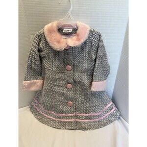 Blueberi Boulevard Cost & Dress Girls Pink /Gray Faux Fur Collar, Trim & Buttons